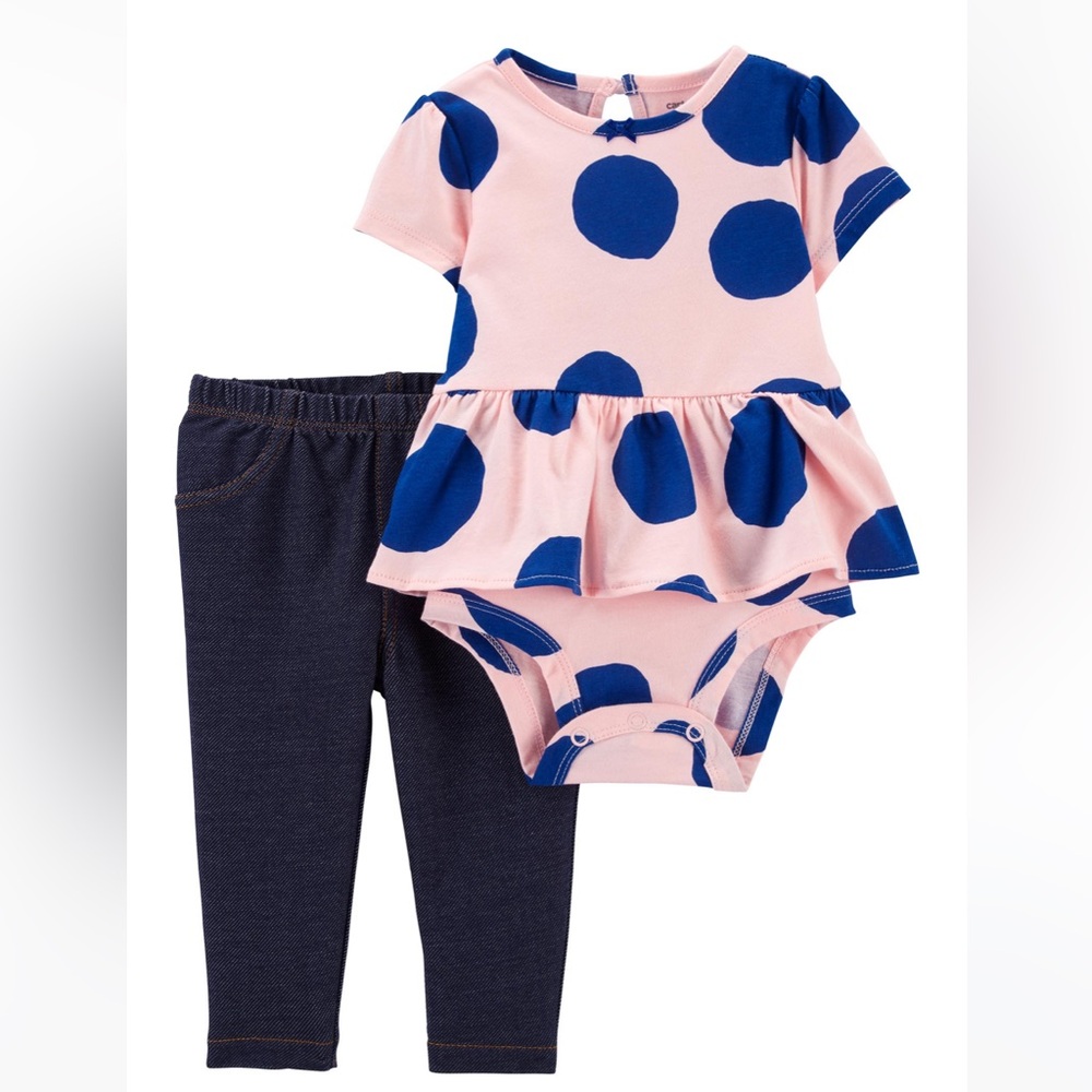 Carter's Pink Dress with Navy Blue Polka Dots Denim Leghing VGUC 24 Month